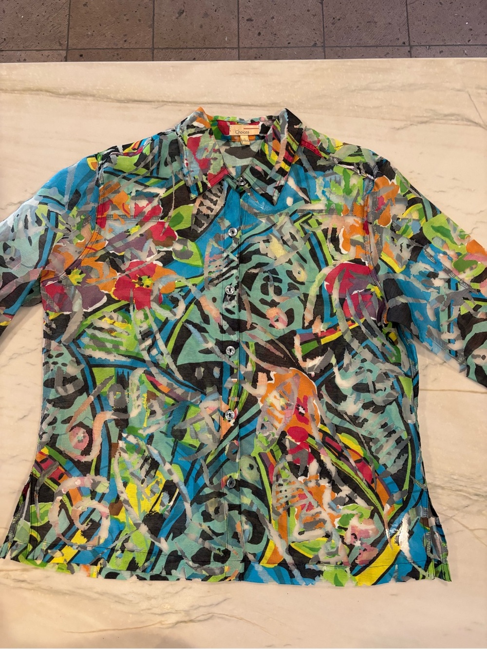 Colorful Abstract Print women’s sheer Button-Up Shirt